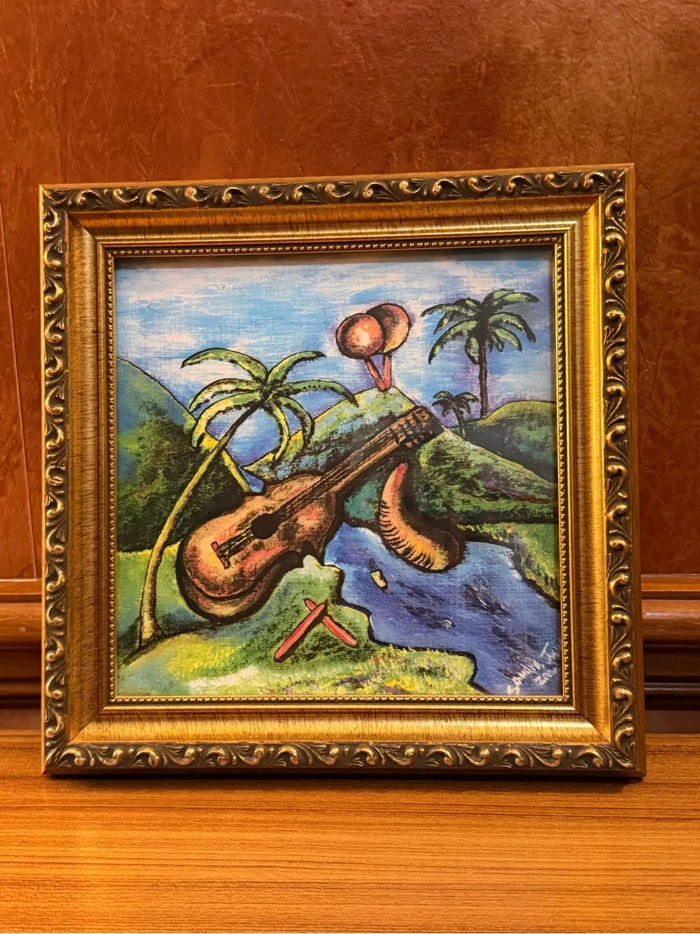 Signed Tropical Landscape Print Ornate Gold Frame Guitar Palm Trees 10”x10”